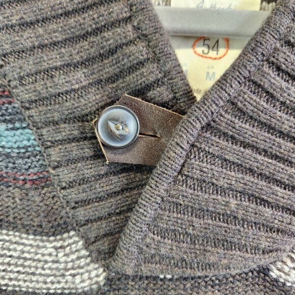 Fossil Sweater Mens M Brown Striped Shawl Collar Pullover Ribbed Knit Grandpa - Picture 3 of 16